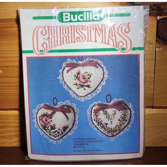Vintage VICTORIAN HEARTS CROSS STITCH KIT 3 Ornaments #82545 BUCILLA Christmas - Picture 1 of 6